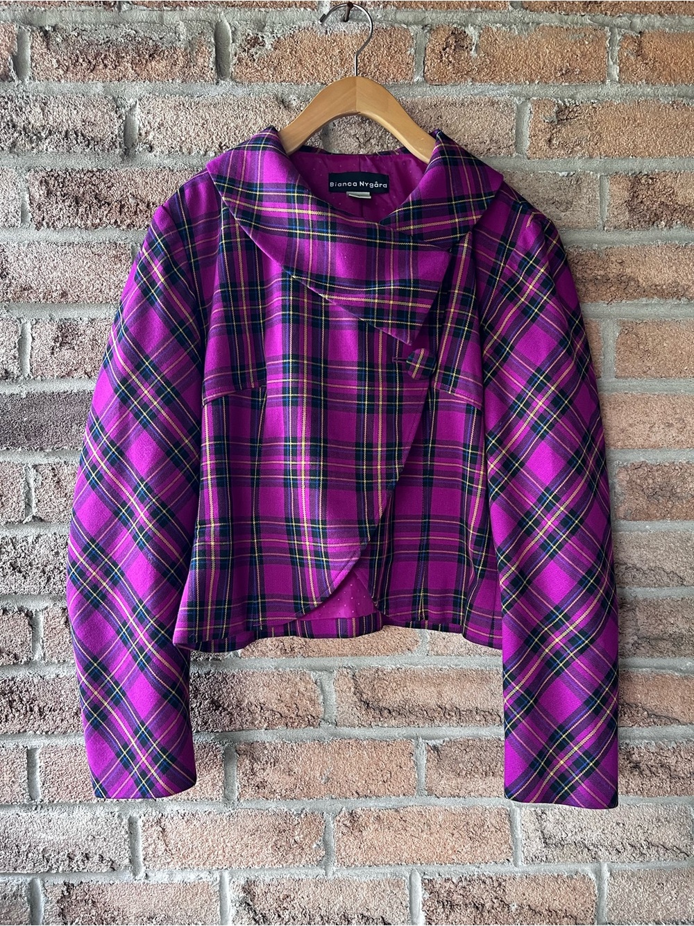 BIANCA NYGARD Tartan Plaid Cropped Jacket Magenta Asymmetric Collar Y2K Size 14